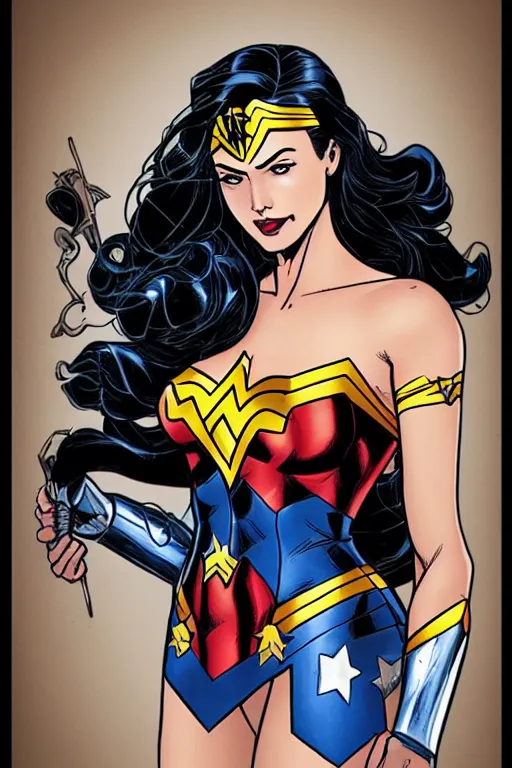 Image similar to A beautiful portrait of Wonder Woman by Frank Cho, detailed, proportional, trending on art station, medium shot