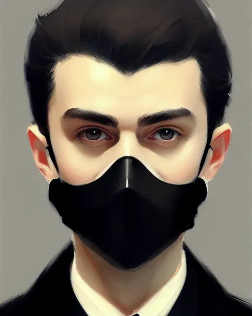 Image similar to a ultradetailed beautiful panting of a european young man wearing black medical mask and black long coat, by ilya kuvshinov, greg rutkowski and makoto shinkai, trending on artstation