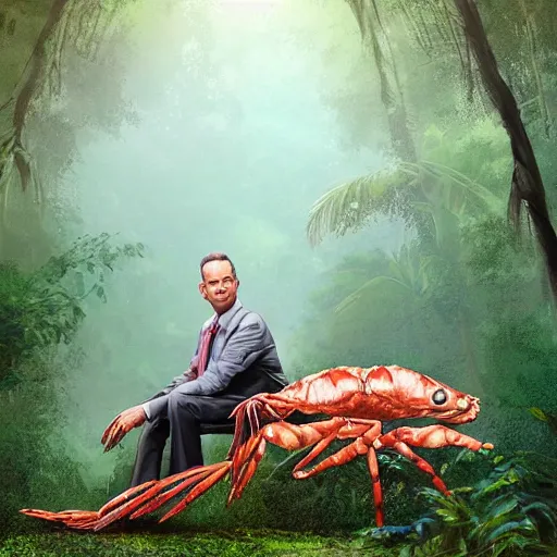 Image similar to Tom Hanks as forrest gump sitting on a giant shrimp in the jungle, realistic digital painting, in the style of Vitaly Samarin Alexiu, photoreailstic, realistic face, amazing detail, sharp