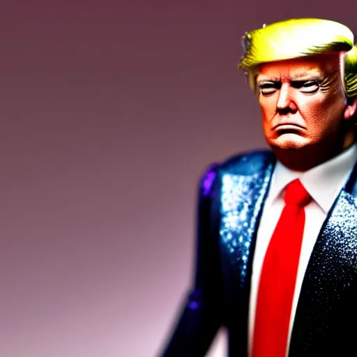 Prompt: Donald Trump with silver-violet hair, white eyes and golden glittery dress, wide lens, diorama, 4k,