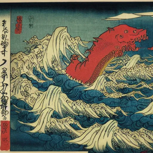 Image similar to A sea full of mythical monsters by Utagawa Kuniyoshi, ukiyo-e, nightmare ocean storm