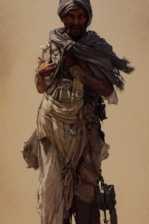 Image similar to a full body portrait of a beautiful post apocalyptic offworld desert bedouin blind beggar by the road, intricate, elegant, highly detailed, digital painting, artstation, concept art, smooth, sharp focus, illustration, art by krenz cushart and artem demura and alphonse mucha