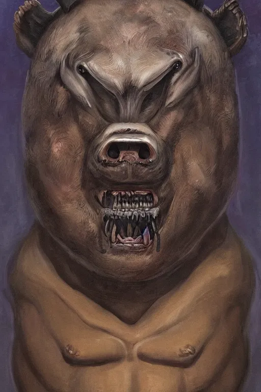 Image similar to half man half bear half pig, dark fantasy, painted by zdizslaw beksinsky and H.R. Giger, trending on artstation,