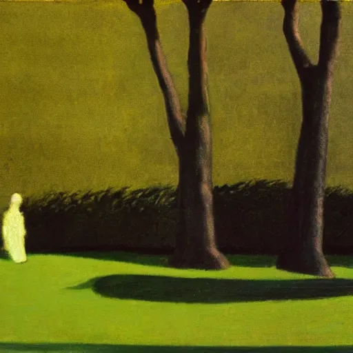 Image similar to shadow monster hiding behind a tree, in the style of a Edward Hopper painting, eerie,