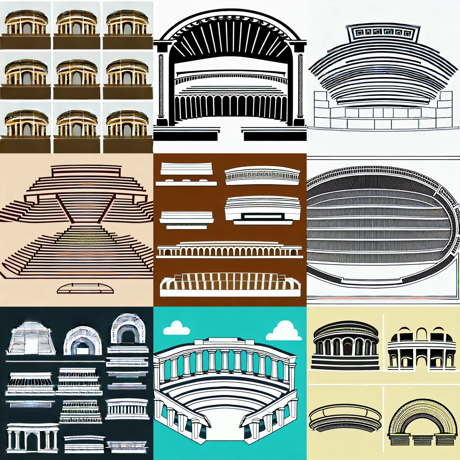 Prompt: a simplified full frame 3 / 4 shot of a section of ancient amphitheater infographic, smooth shaded, vector line - art style, white background