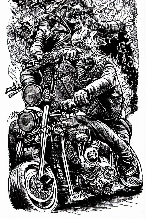 Image similar to hells angel biker riding through a burning street, intricate ink drawing, highly detailed in the style of jamie hewlett