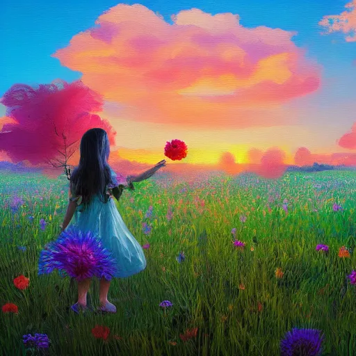 Prompt: large flower head, girl floating in a flower field, surreal photography, sunrise dramatic light, impressionist painting, colorful clouds, digital painting, artstation, simon stalenhag