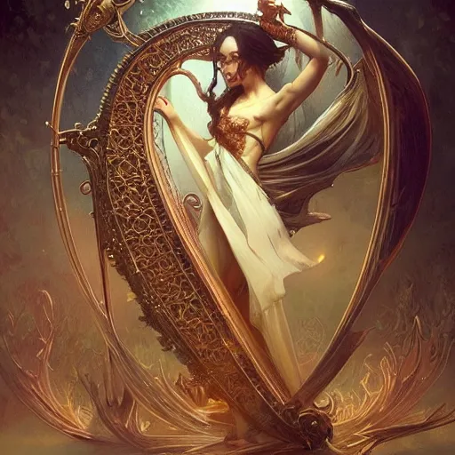 Image similar to a strange harp, d & d, fantasy, intricate, elegant, highly detailed, digital painting, artstation, concept art, smooth, sharp focus, illustration, art by artgerm and greg rutkowski and alphonse mucha