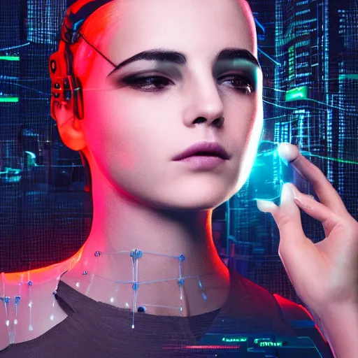 Prompt: a cyberpunk girl with a scifi neuralink device on her head