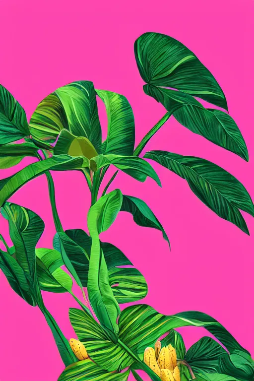 Image similar to ultra realistic illustration, banana plants drawing, pink background, elegant, highly detailed, digital painting, concept art, smooth, sharp focus, illustration, art by haus and hues