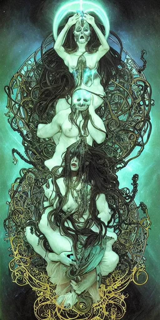 Image similar to intense glowing pagan black metal god with horns and tentacles and intense glowing eyes and a skull in very dark cosmic space by alphonse mucha and karol bak and artgerm and beksinski, portrait, fantasy, clear, light beams, lens flare, intense, uhd, amazing depth, cinematic lighting, gold and black and teal