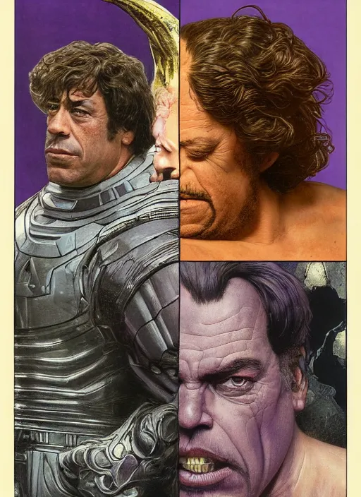 Prompt: upper body and head portrait of javier bardem as thanos, by lawrence alma tadema and zdzislaw beksinski and norman rockwell and jack kirby and tom lovell and greg staples