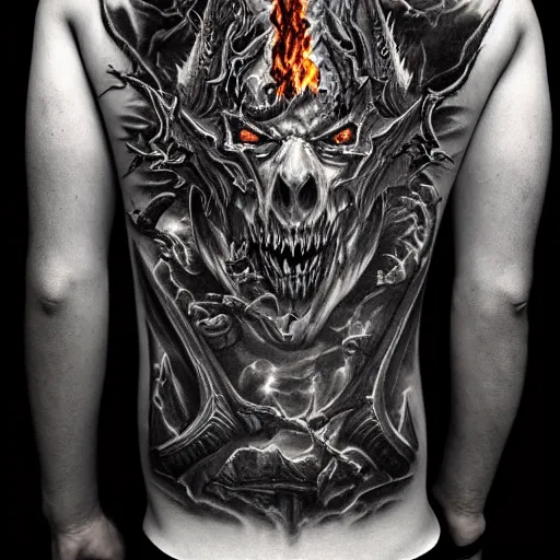 Prompt: diablo lord of terror engulfed in flames, 3/4 shot from below, full body, detailed greyscale tattoo by Dmitriy Tkach