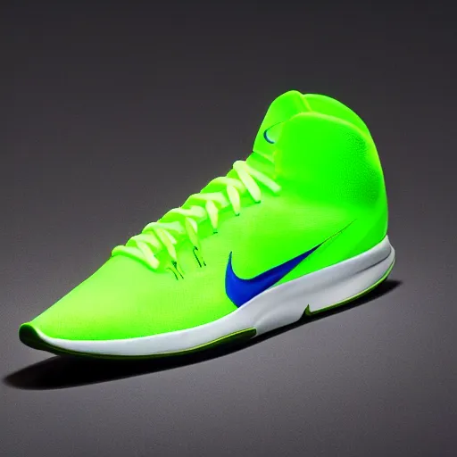Prompt: a neon green nike shoe, seen from the back, official product photo