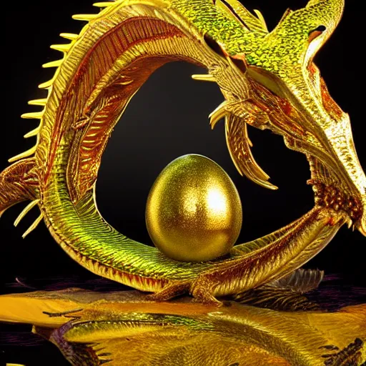 Prompt: colorful, glowing, metallic dragon scale egg sitting on a nest of gold objects, photorealistic, symmetrical, unreal engine