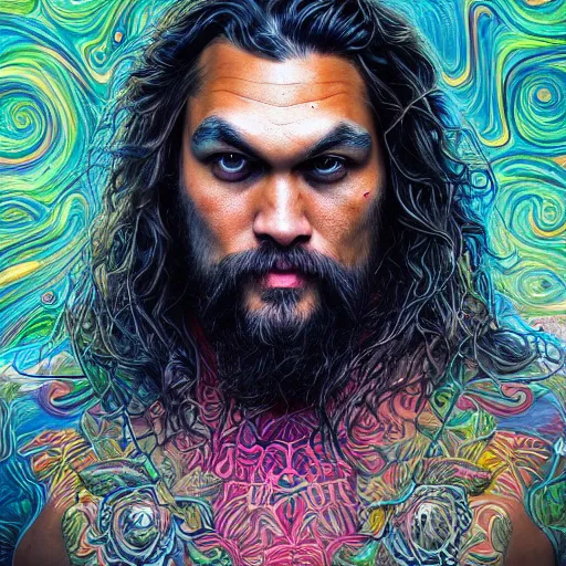 Image similar to portrait of jason momoa, hyper detailed masterpiece, neon floral pattern, jean giraud, digital art painting, darkwave goth aesthetic, psychedelic, artgerm, donato giancola and tom bagshaw