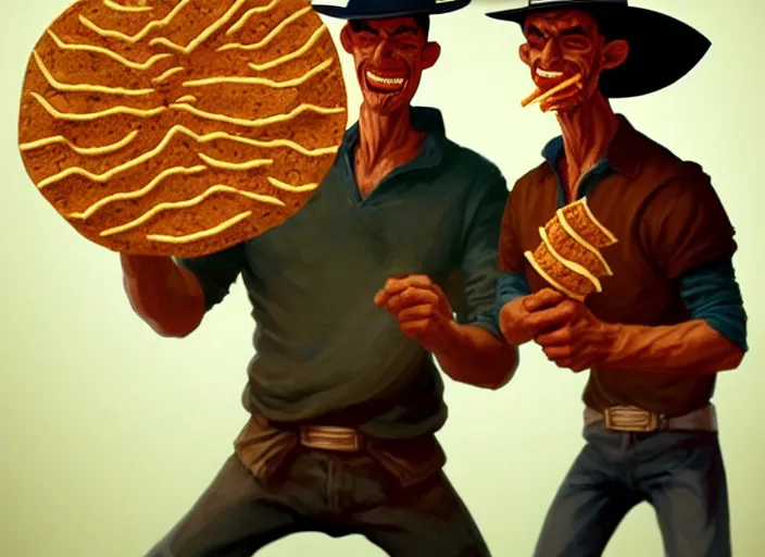 Image similar to two men made out of tortillas, their whole body is a tortilla, they are holding microphones, by marco bucci and frank frazetta, style of magic the gathering, high resolution, fantasy coloring, intricate, digital painting, artstation, smooth, sharp focus