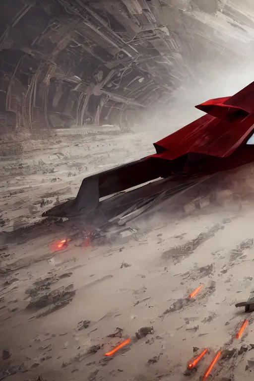 Prompt: professional photograph of a crashed neo - futuristic simplified symmetrical stealth fighter by ilm, denis villeneuve, emmanuel shiu, zaha hadid, dust, vapor, cinematic desert scene, red paint detail, manga, dramatic, volumetric, concept art, hard surface, hyperrealism, high detail, trending on artstation, sharp focus, rendered in octane