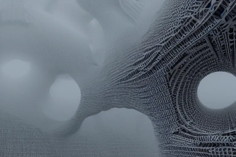 Image similar to tourists taking photos of a complex organic fractal 3 d ceramic megastructure, cinematic shot, foggy, photo still from movie by denis villeneuve