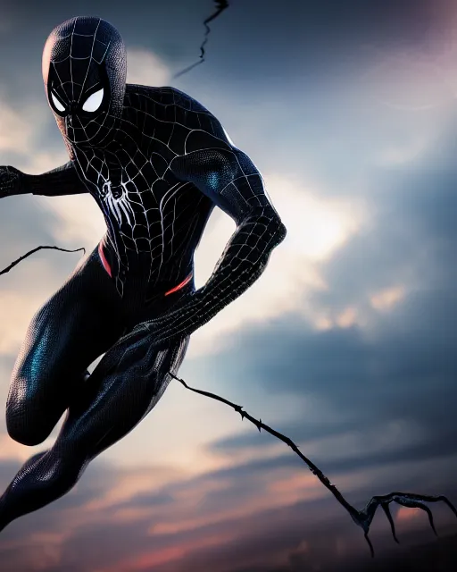 Image similar to photograph of a symbiote and spider - man hybrid, dslr, cinematic, volumetric lighting, 8 k resolution, photorealistic