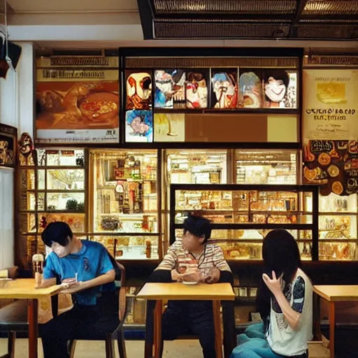 Image similar to a singaporean coffeeshop, by satoshi kon