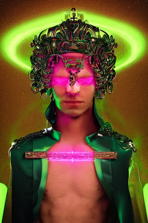 Prompt: full-body sculpture of a young handsome Spanish prince as a half android with a glowing green diamond in his chest, pink laser beams coming out of his eyes, crown of giant jewels, flowing neon-colored silk, human skull mask, geometric shapes in a cyperbunk and baroque style. intricate artwork by caravaggio. Trending on artstation, octane render, cinematic lighting from the right, photorealistic, octane render, 8k, depth of field, 3D