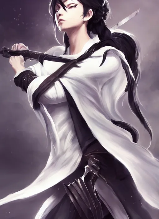 Image similar to a highly detailed illustration of fierce messy ponytail black haired one armed!!! delinquent woman wearing long white tokkoufuku cape, dramatic wielding sword pose, muscular, intricate, elegant, highly detailed, centered, digital painting, artstation, concept art, smooth, sharp focus, league of legends concept art, wlop.