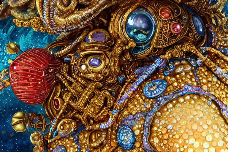 Prompt: beautiful painting close up of a huge caretta wearing an armour of jewels incrusted with golden beetles in vast ocean coral reef, water bubbles, intricate details, jewel fishes, two magnificent jelly fish, realistic shaded , steampunk, highly detailed, artstation, illustration by james gurneyand Ruan Jia , octane render, 4k, dynamic light, volumetric light, neon lights, cinematic mood