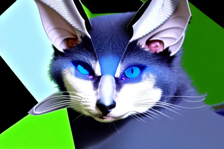 Image similar to a blue - and - black male heterochromatic catbat fursona with blue / green heterochromatic eyes ( differently - colored eyes, one green, one blue ) and huge bat ears, photo of the catbat streaming on his computer