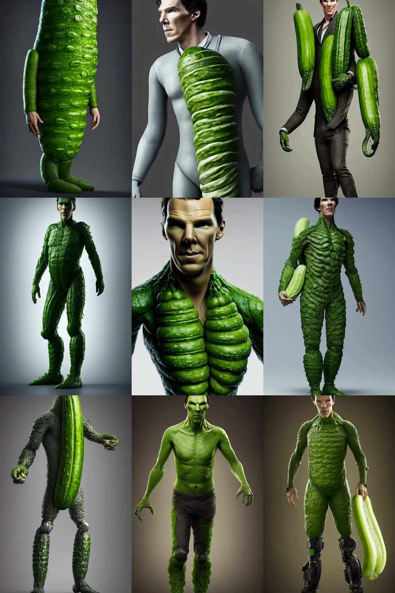 Prompt: a full body shot of benedict cumberbatch as half human and a cucumber, ef 8 5 mm f 1. 8 usm, bionic scifi alexandre ferra, hyper detailed, digital art, trending in artstation, cinematic lighting, studio quality, smooth render, unreal engine 5 rendered, octane rendered