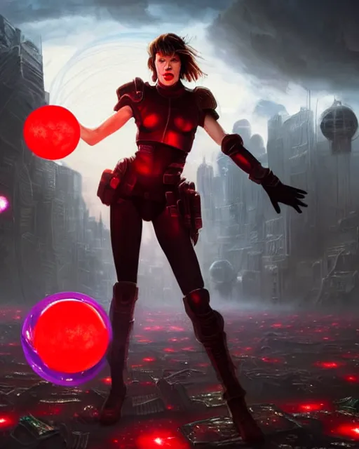 Prompt: Milla Jovovich surrounded by a red force field bubble and levitating high in the air above a destroyed dystopian city by night, shot from behind, ultra-wide angle, D&D, fantasy, intricate, elegant, highly detailed, digital painting, artstation, concept art, matte, sharp focus, illustration, hearthstone, art by Artgerm and Greg Rutkowski and Alphonse Mucha