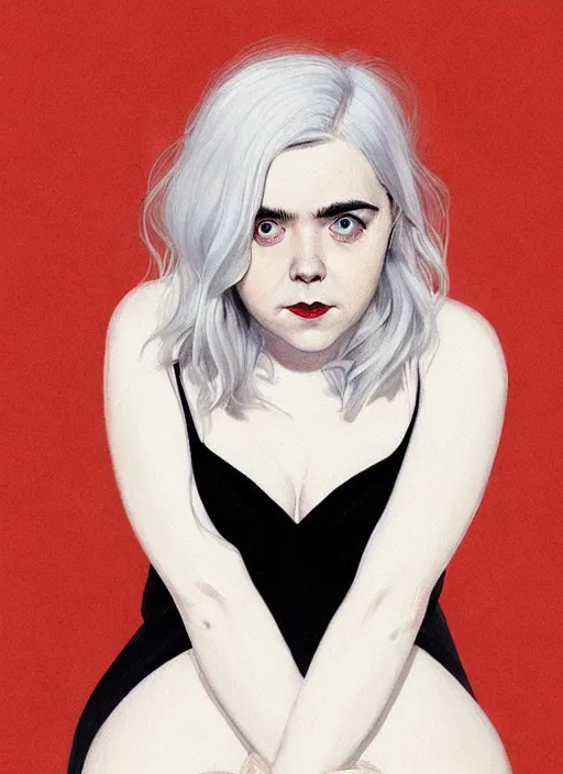 Image similar to full body portrait, kiernan shipka as sabrina spellman, white hair, obese, bangs, sultry, realistic, sultry smirk, fluffy bangs, freckles, fat, belly, intricate, elegant, highly detailed, digital painting, artstation, concept art, smooth, sharp focus, illustration, art by wlop, mars ravelo and greg rutkowski