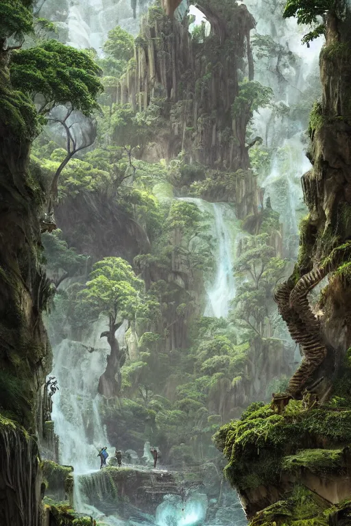 Prompt: carved into the Rock a citadel-temple , gnarly trees, lush vegetation, forrest, a small stream runs beneath the waterfall, landscape, raphael lacoste, eddie mendoza, alex ross, concept art, matte painting, highly detailed, rule of thirds, dynamic lighting, cinematic, detailed, denoised, centerd