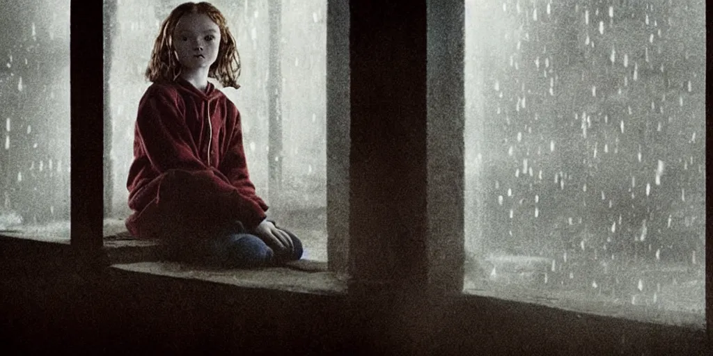 Image similar to at night, sadie sink in hoodie sits on windowsill, knees tucked in | rain falls, old brick wall with ussr propaganda posters : 3 5 mm film, anamorphic, single long shot from schindler's list by steven spielberg. cyberpunk, cinematic atmosphere, detailed and intricate, perfect anatomy