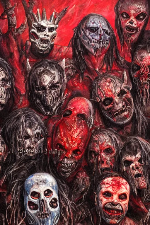 Prompt: a full body high detail fantasy portrait oil painting illustration of slipknot band in a lake of blood by justin sweet with face and body clearly visible, insane, realistic proportions, d & d, rpg, forgotten realms, artstation trending, high quality, sombre mood, artstation trending, muted colours, entire person visible!