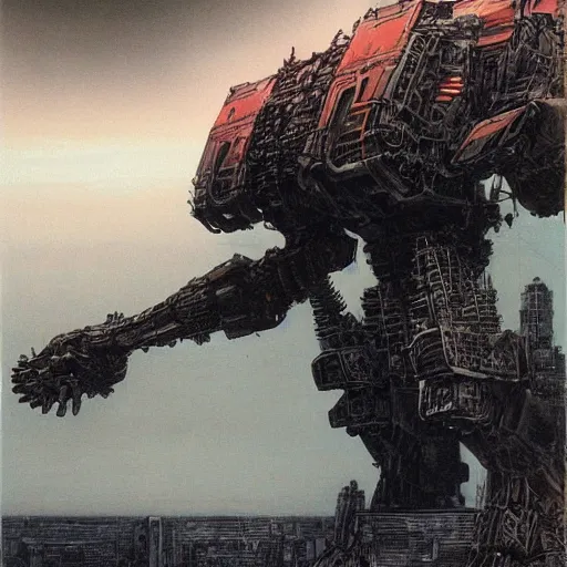 Prompt: a giant mecha defending the city, drawn by tsutomu nihei and painted by zdzislaw beksinski