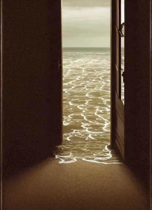 Prompt: seawater spilling out through an open door, in the style of the Dutch masters and Gregory Crewdson, dark and moody