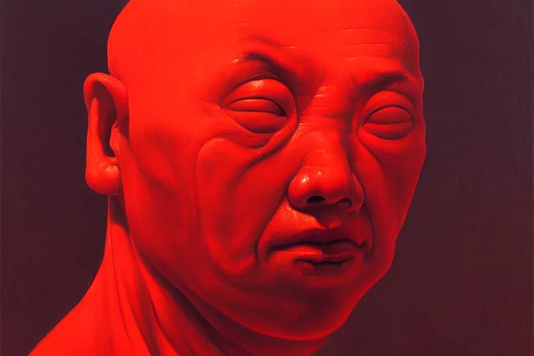 Image similar to a chinese prisoner, in the style of beksinski, parts by edward hopper, parts by rodcenko, parts by yue minjun, parts by glenn brown, intricate and epic composition, symmetrical, red by caravaggio, insanely quality, highly detailed, masterpiece, red light, chiaroscuro, artstation, 4 k