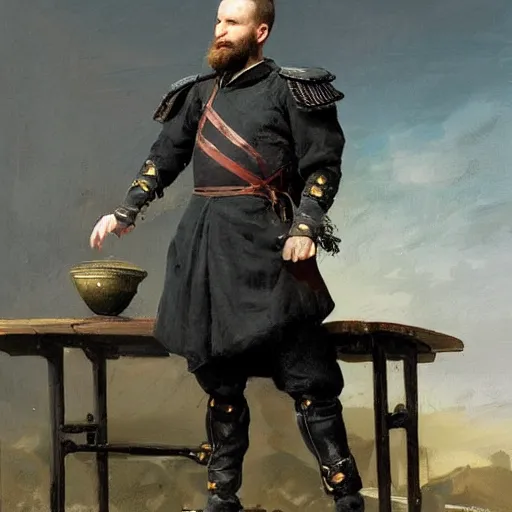 Image similar to Frustrated and acerbic male Imperial sergeant with a short beard wearing a {black and yellow tabard} over a steel breastplate and a black gambeson leaning over a table, by Raymond Swanland Greg Rutkowski, {perfect face}, {perfect eyes}, {perfect body}, {hands planted on war table while standing}, fantasy