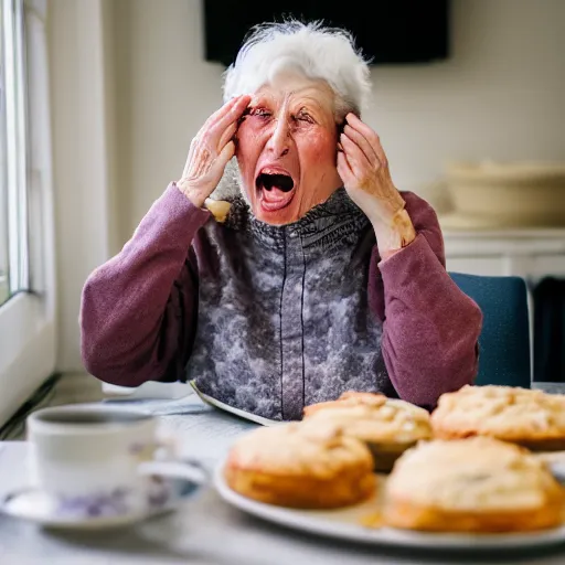 Image similar to elderly woman screaming at a plate of scones, canon eos r 3, f / 1. 4, iso 2 0 0, 1 / 1 6 0 s, 8 k, raw, unedited, symmetrical balance, wide angle