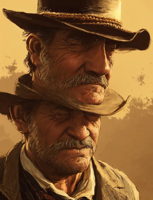 Image similar to close face portrait of an old male bar keeper as red dead redemption 2 concept art, art by ryo shiotani and greg rutkowski, intricate, beautiful, cute, cinematic lighting, vintage art by serge ivanoff, high resolution, very detailed