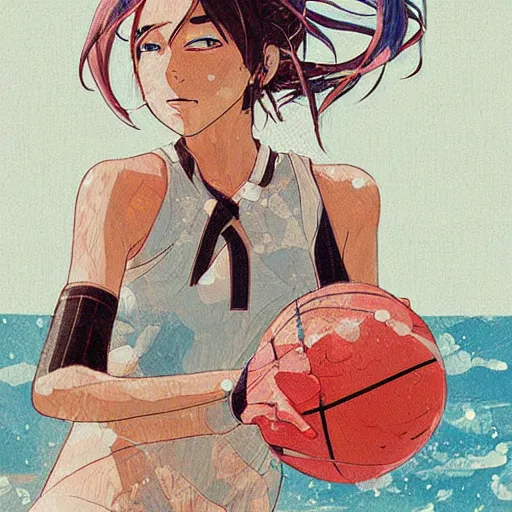 Image similar to anime portrait of young girl playing basketball at the beach by Conrad Roset