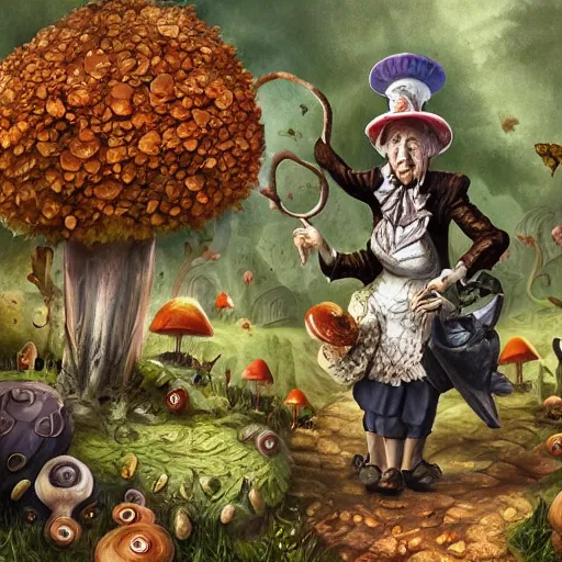 Image similar to Hell and heaven, captured in bottles, an elderly mushroom walking their pet snail, The Autumn Plague Gardener, the theme of Alice in Wonderland, digital painting, its softness partakes of fluidity, illustration, deep dark, artstation, intricate, biodiversity in a world of change and constancy, ue5, by deiv calviz and bossmonsterbani