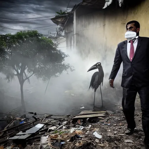 Image similar to photo of a man in a suit wearing a latex mask of a shoebill stork, at a favela, walking away from explosion, dramatic lighting