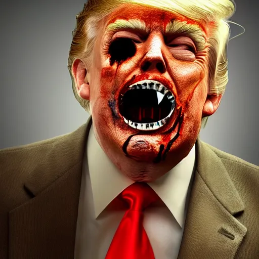 Image similar to donald trump wearing a halloween zombie costume, hyper realistic, wide shot, photography, award winning, 8 k,