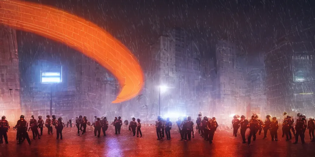 Image similar to a lot of policemens protecting a huge spiral - shaped very bright luminous object that floating on the ground right in the center of the city from protesting people, night, rain and light fog, professional lighting, concept art in 3 d, high detail, professional lighting