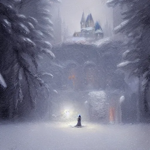 Prompt: paladin knight in a snow storm in front of a castle, Mandy Jurgens