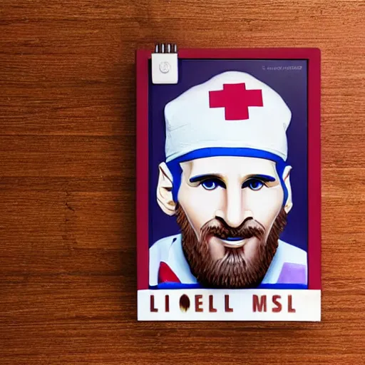 Image similar to lionel messi as nurse, accurate, 30mm, face, soft colours, dramatic lighting, nikon