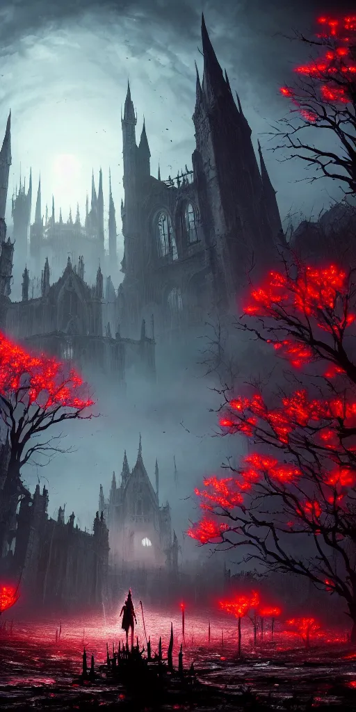 Prompt: abandoned bloodborne old valley with a obscure person at the centre and a ruined gothic city in the background, trees and stars in the background, falling red petals, epic red - orange moonlight, perfect lightning, wallpaper illustration by niko delort and kentaro miura, 4 k, ultra realistic