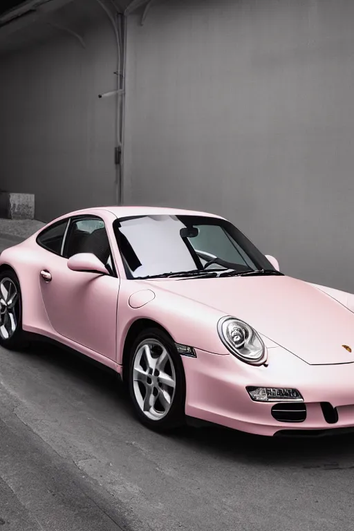 Image similar to Portrait of a light pink Porsche 911 Carrera 3.2, spotlight, in a dark room, photoshoot for vogue magazine.